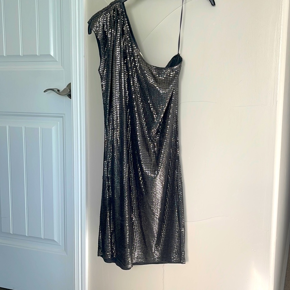 Michael Kors sequin one shoulder mini dress. Gray. Size small. Never worn.